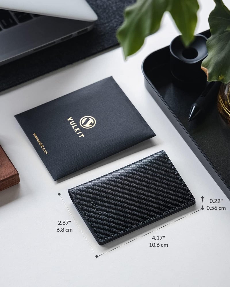 VULKIT Leather Business Card Holder 2 Sided Slim Business Name Card Organizer for Men or Women, Up to hold 20 cards(Carbon Black) - Image 2